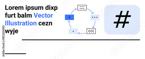 Blue metadata tag symbol, circular workflow with communication icons, and placeholder text. Ideal for collaboration, workflow, content sharing, digital media, strategy, branding simple landing page
