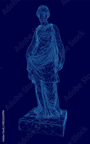 A wireframe sculpture of a woman stands on a solid blue background, showcasing intricate 3D modeling and digital artistry.