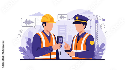 Construction worker interviewed by police officer at site.