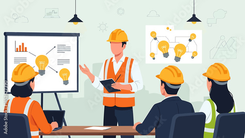 Construction workers attending a safety training presentation.