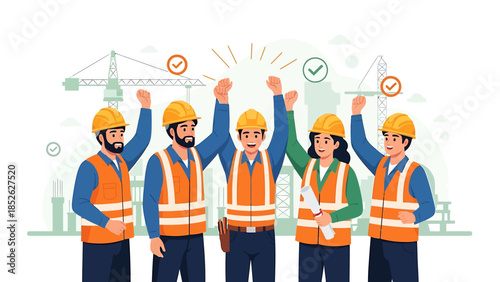 Diverse construction workers celebrating success together on a project site.