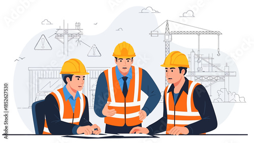 Three construction workers collaborating on a project.