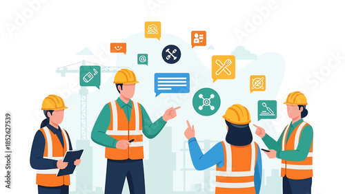 Team of construction workers collaborating on a project with digital icons.