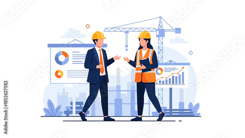 Two construction professionals discussing project plans on site.