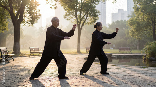 An elderly couple clad in black, gracefully practice Tai Chi in a sun-kissed Shanghai park at dawn. Their fluid movements blend with the serene landscape.