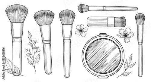 Collection of Hand Drawn Makeup Brushes and Compact Mirror.