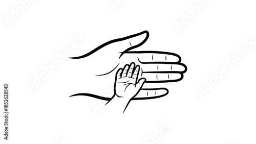 Adult and baby hands in black and white stylized sketch