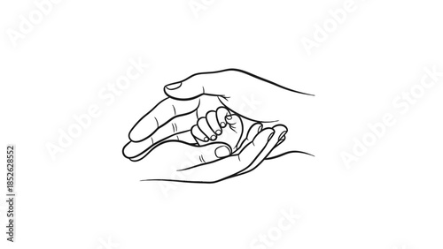 Adult hands gently holding and protecting a tiny newborn baby hand