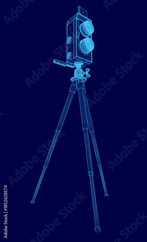 A professional video camera mounted on a tripod stands against a dark blue background, highlighted with a glowing wireframe effect.