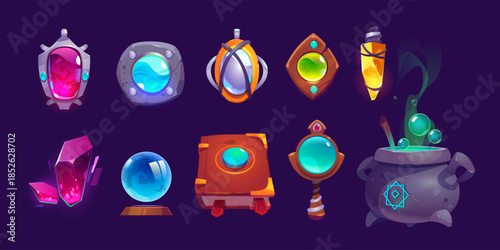 Magic amulets, crystal, book of spell and cauldron