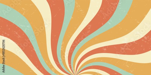 Retro groovy sun burst swirl background with wavy pattern in orange and yellow. sun graphic and sunshine rays merge in a unique y2k aesthetic, evoking a sunshine burst bold grunge visual effect.
