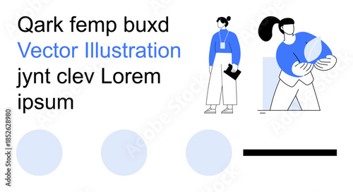 Graphic design, branding, website building, creative layouts, digital marketing, presentations. Two abstract characters, shapes and text elements. Graphic design and branding concept