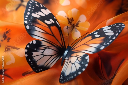 Butterfly wing pattern creating a graceful design on vibrant orange fabric, with subtle floral elements. Spring and summer textile