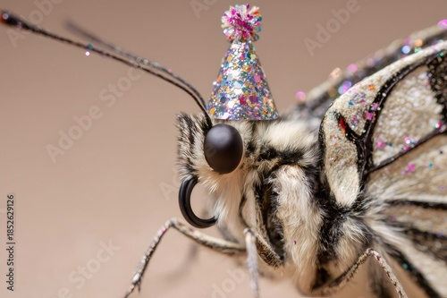Butterfly head closeup wearing a glittery party hat and sparkling confetti on its antennae and body, creating a festive mood