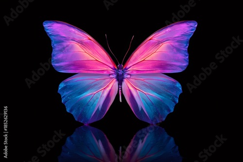 Butterfly wings radiating iridescent pink, purple, and blue light against a black background with a clear reflection