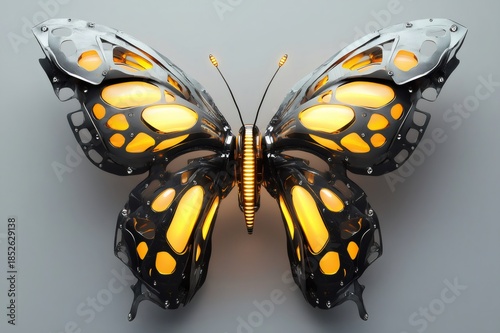 Mechanical butterfly presenting intricate metallic wings with internal glowing orange light on a grey background