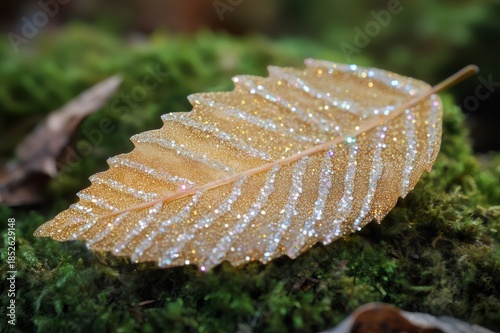 Golden artificial leaf covered with shiny glitter resting on vibrantly green moss. The sparkling leaf brings a touch of magic and festive holiday decoration to a natural setting