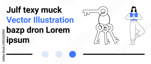 Woman in tree yoga pose, a set of keys, minimalist layout, progress dots, and text sections. Ideal for mindfulness, security, meditation, balance personal growth focus and a simple landing page