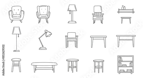 Collection of Hand-Drawn Furniture and Lighting Fixtures.