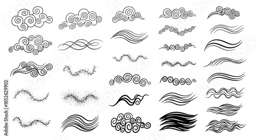 Collection of Hand-Drawn Wind and Cloud Illustrations.