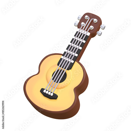 A 3D stylized acoustic guitar with a brown body, a tan face, and silver tuning pegs.