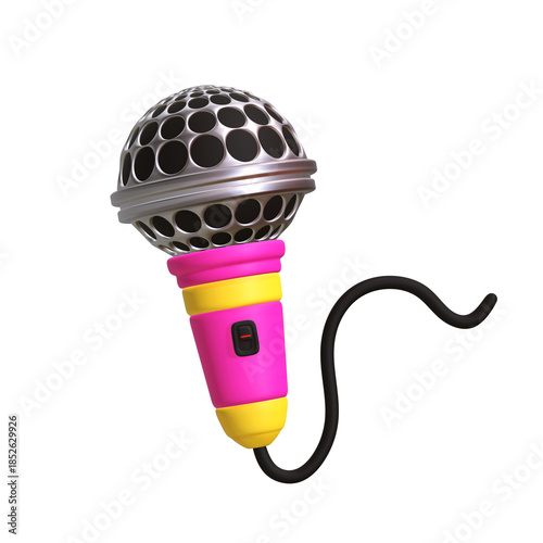 A 3D stylized handheld microphone featuring a silver mesh head, a vibrant pink and yellow handle with a power switch, and a black cable.