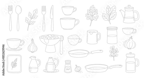Collection of kitchen utensils and food items in a line art style.