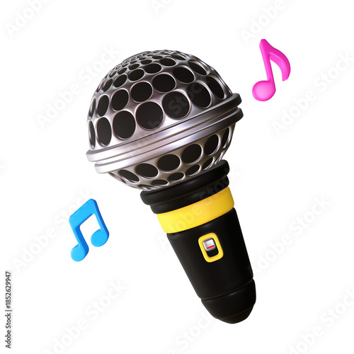 A 3D stylized handheld microphone with a silver metallic grille, a black and yellow handle featuring a power switch, and floating pink and cyan music notes.