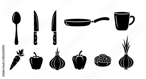 Collection of kitchen utensils and fresh vegetables in silhouette style.