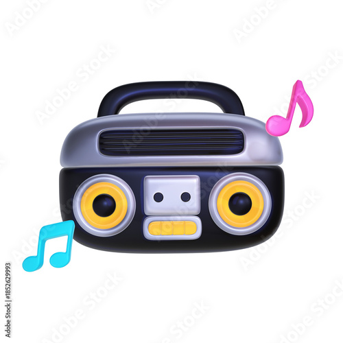 A 3D stylized black and silver boombox featuring yellow speakers, a silver top section with a black handle, and floating pink and cyan music notes.