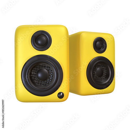 A pair of 3D stylized bright yellow studio speakers featuring black woofers, tweeters, and a small volume knob on the front unit.