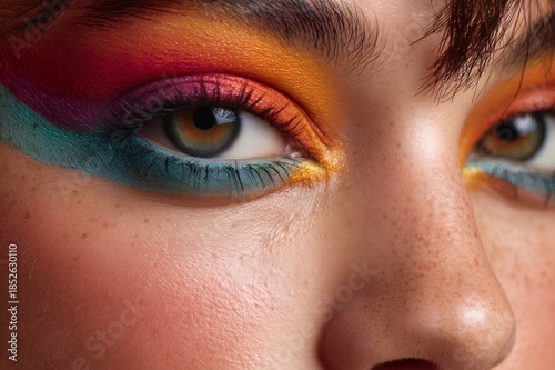 Womans eye showcasing vibrant multi color block eyeshadow makeup and natural skin texture with freckles