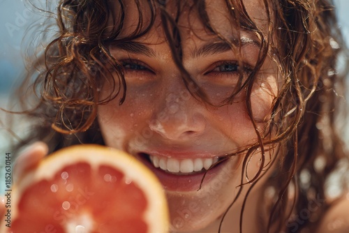 Woman smiling, water drops on her face and wet curly hair, holding a fresh grapefruit slice on a summer day