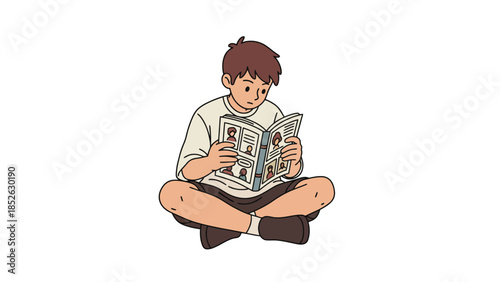 A young boy sitting cross-legged reading a book with a focused expression on his face