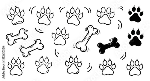 Collection of Paw Prints and Dog Bones Hand Drawn Style.