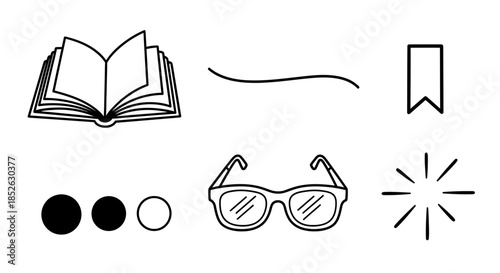 Collection of reading related objects including book, glasses, bookmark, and circles.