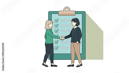 Two people shaking hands in front of a clipboard with checkmarks