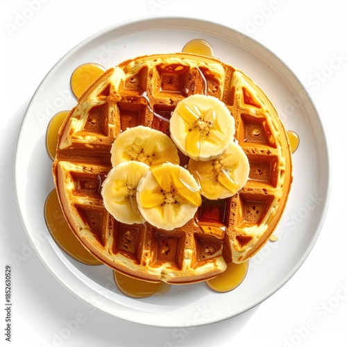 Golden waffle topped with sliced bananas and syrup