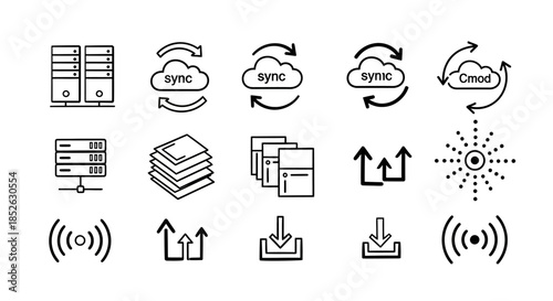 Collection of server, cloud sync, and data transfer line icons.