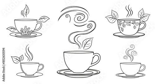Collection of Six Steaming Cups of Tea or Coffee with Decorative Elements.