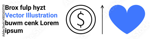 Finance, charity, donation, economic growth, love, investment. Coin with dollar sign, upward arrow blue heart. Finance and charity concepts with icons of love and money