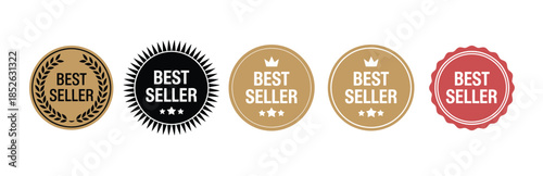 Best seller stickers and quality labels, gold and red retail promotion tags for e-commerce products, featured item icons, and marketing highlight vector design for online stores.