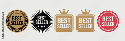 Best seller sticker set, premium quality labels in gold and red for e-commerce product badges, retail promotion tags, and featured item icons in marketing highlight vector design.