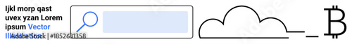 Cloud computing, cryptocurrency finance, digital search, information exchange, blockchain technology, tech trends. A search bar, cloud outline and Bitcoin symbol. Cloud computing and cryptocurrency