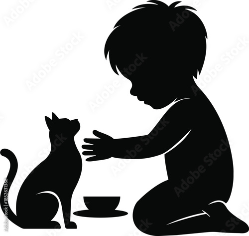 Silhouette of a young child kneeling to feed and pet a kitten, concept of animal care and responsibility