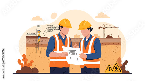 Two construction workers discussing blueprints at a site.