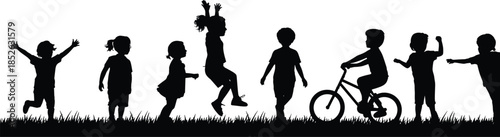 Children outdoor activity silhouettes with jumping walking cycling and playing, kids active lifestyle scene, childhood fun, black vector illustration
