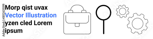 Business strategy, data analysis, workflow planning, corporate tools, productivity improvement, fintech concepts. Briefcase, magnifying glass and gears in outline style. Business tools and data
