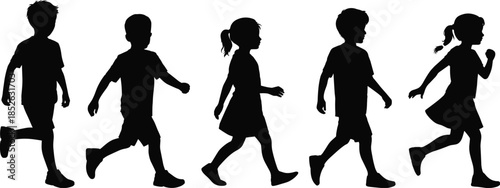 Children silhouettes walking and running poses, boys and girls side view movement, playful kids activity, black vector illustration isolated