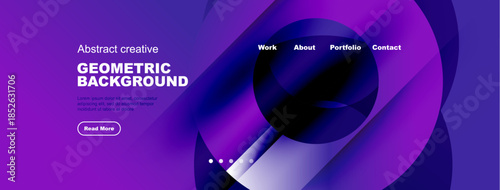 Modern website header design. Purple gradients, geometric shapes, text elements, navigation menu present. Clean, vibrant aesthetic.